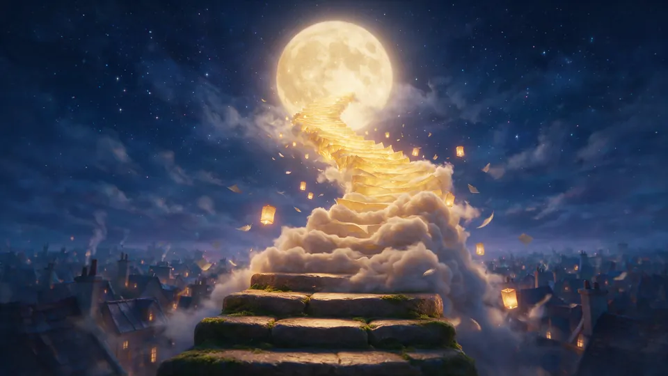 Set reference: the rooftop at night with the cloud stair rising to the full moon